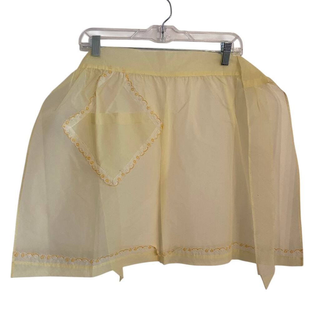 Vintage yellow organza half apron mid century lace trim pocket 50's homemaker